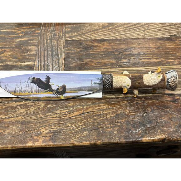 12” Bowie Stainless Knife w/ Painted Bald Eagles on Blade & carved on Handle - Picture 2 of 9